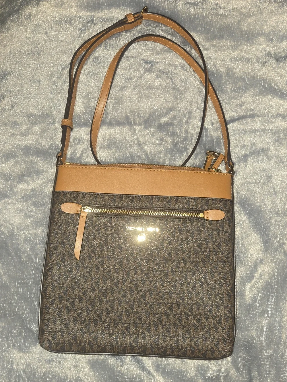 Michael Kors Brown Logo Crossbody with Tan Trim and Gold Hardware